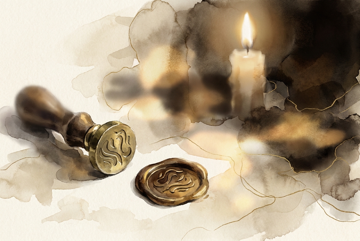 Watercolor of an embossed wax seal on formal correspondence.