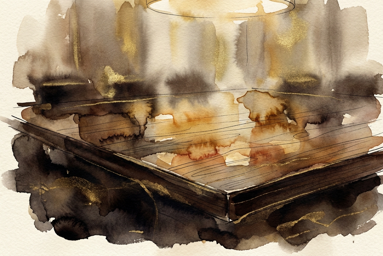 Watercolor of a private dining table set for two with a city view at dusk.