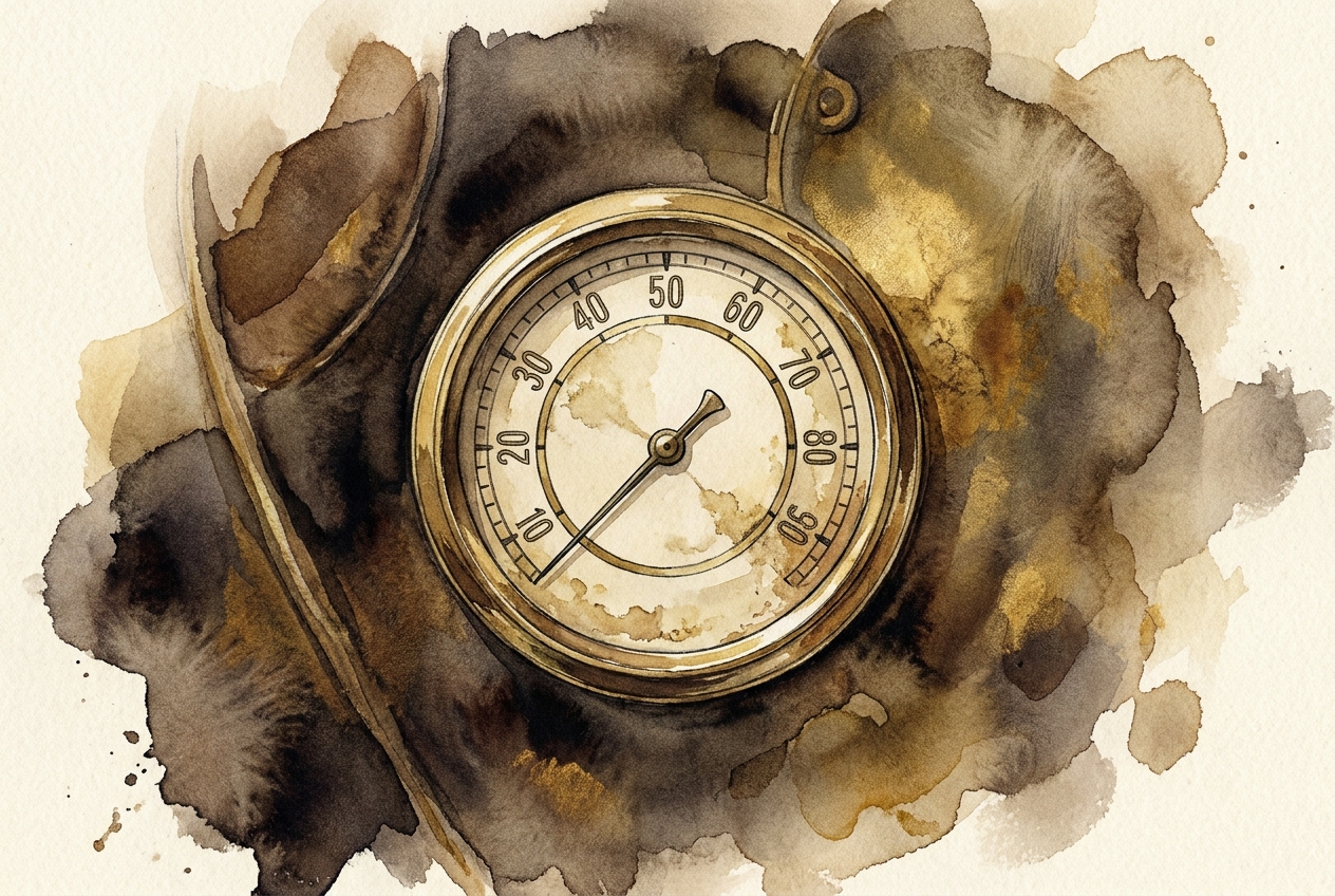 Watercolor of an analogue instrument cluster with a sweeping rev counter.