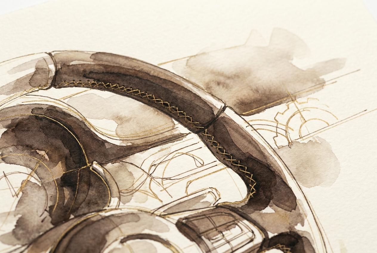 Watercolor of a leather-wrapped steering wheel with carbon fibre detailing.
