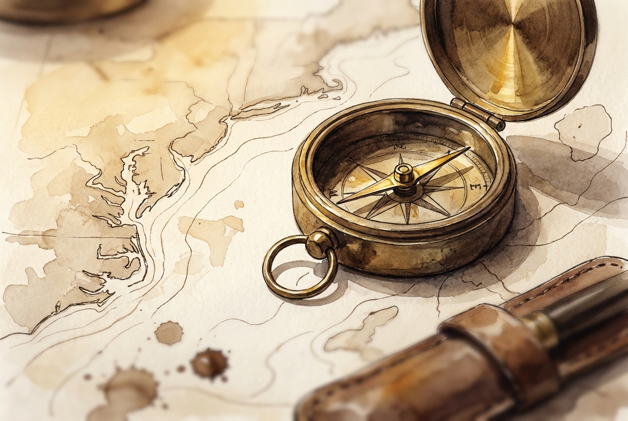 Watercolor of a brass compass on an aged nautical chart.