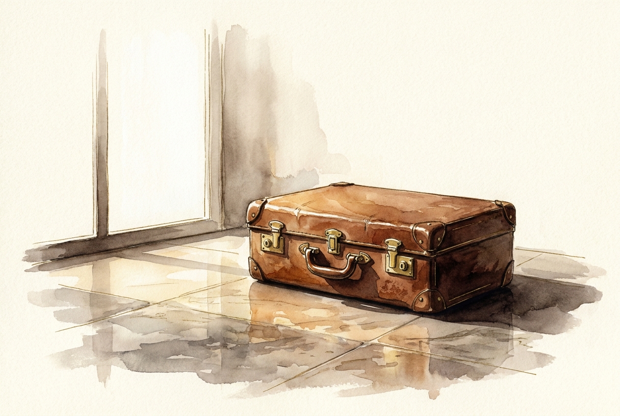 Watercolor of fine leather luggage with brass buckles in morning light.