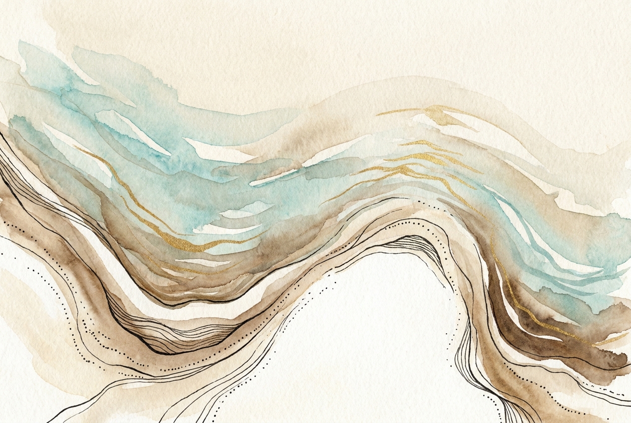 Watercolor of turquoise waves meeting white sand.