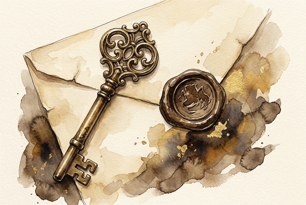 Watercolor of an ornate brass key resting on aged parchment.