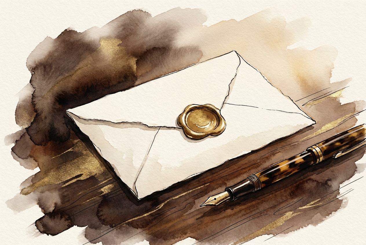 Watercolor of a wax-sealed invitation on ivory paper.