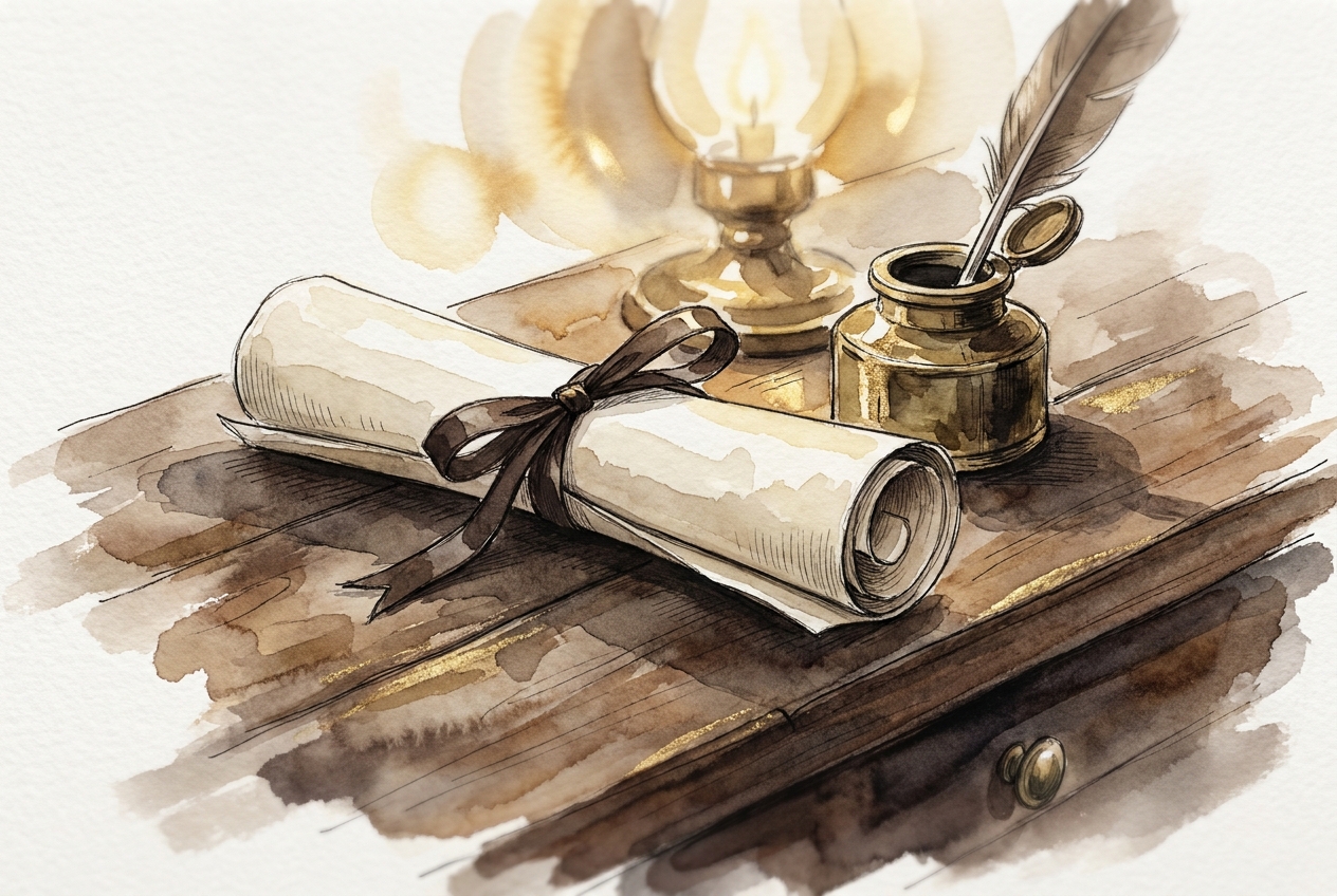 Watercolor of a rolled diploma tied with a burgundy ribbon on a mahogany desk.