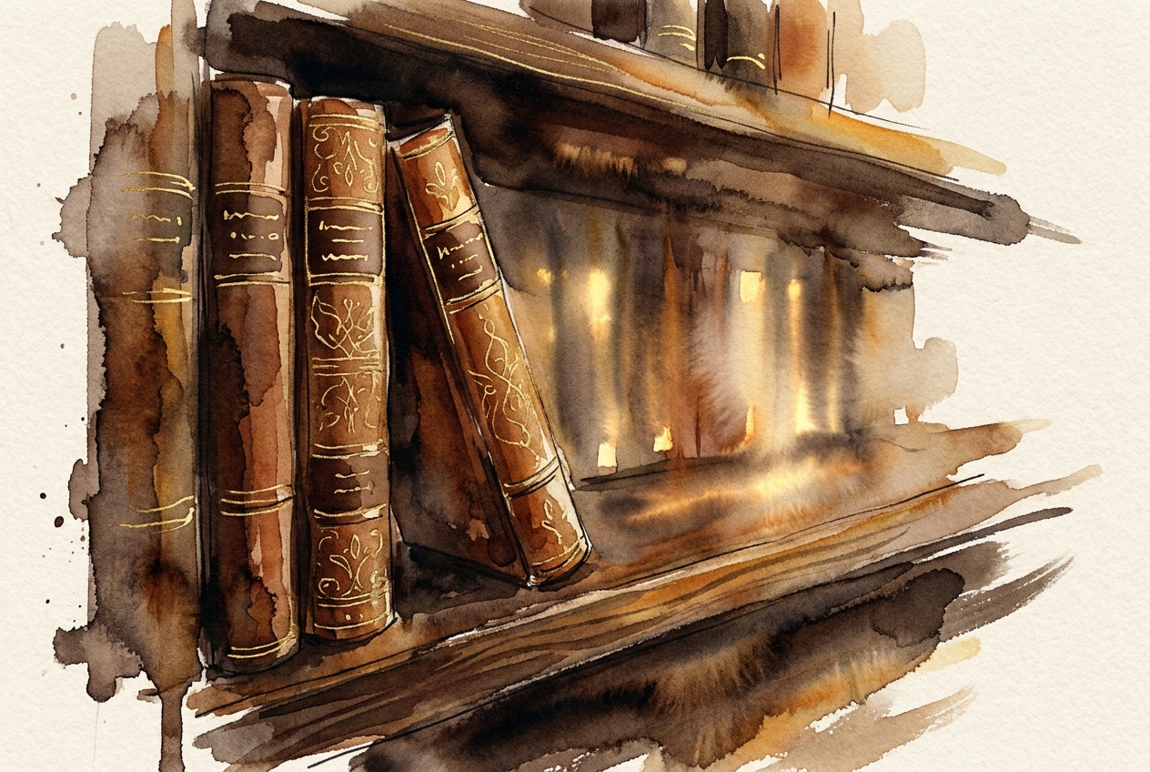 Watercolor of a panelled library with tall shelves and afternoon light through tall windows.