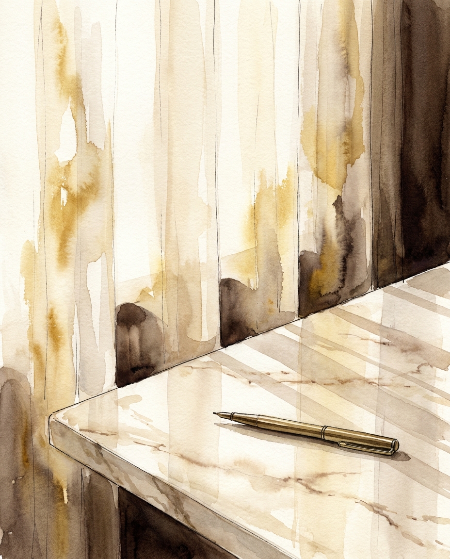 Watercolor of a brass fountain pen and inkwell on cream paper and marble.