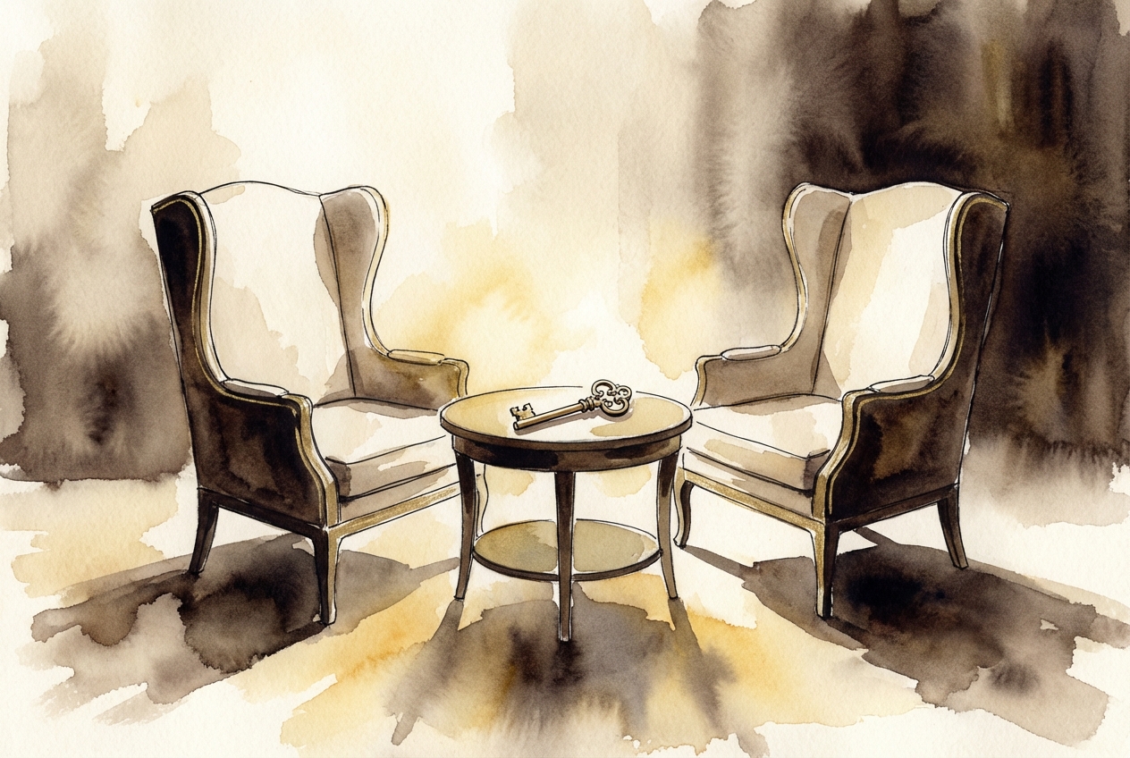 Watercolor of two chairs facing each other, a brass key on the table between them.