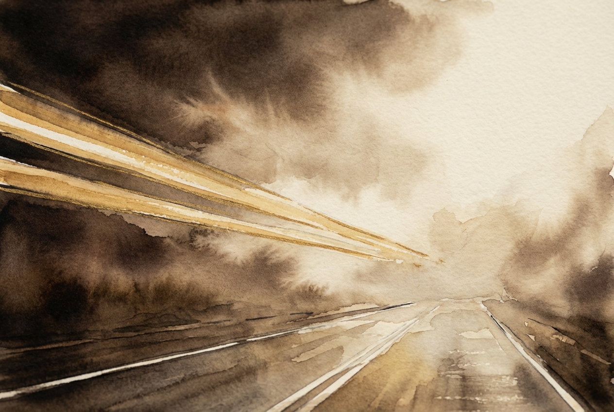 Watercolor of headlight beams cutting through predawn mist on an empty road.