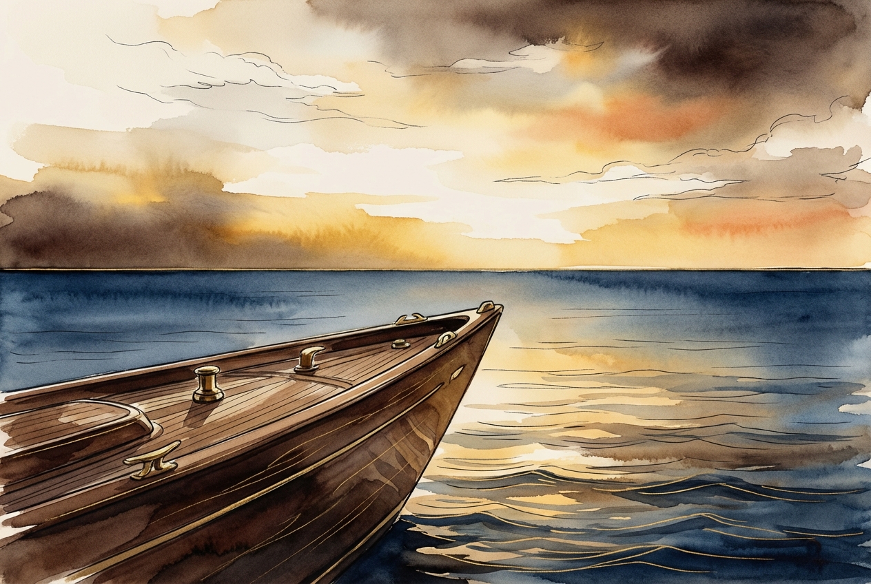 Watercolor of a yacht bow on the open ocean at golden hour.
