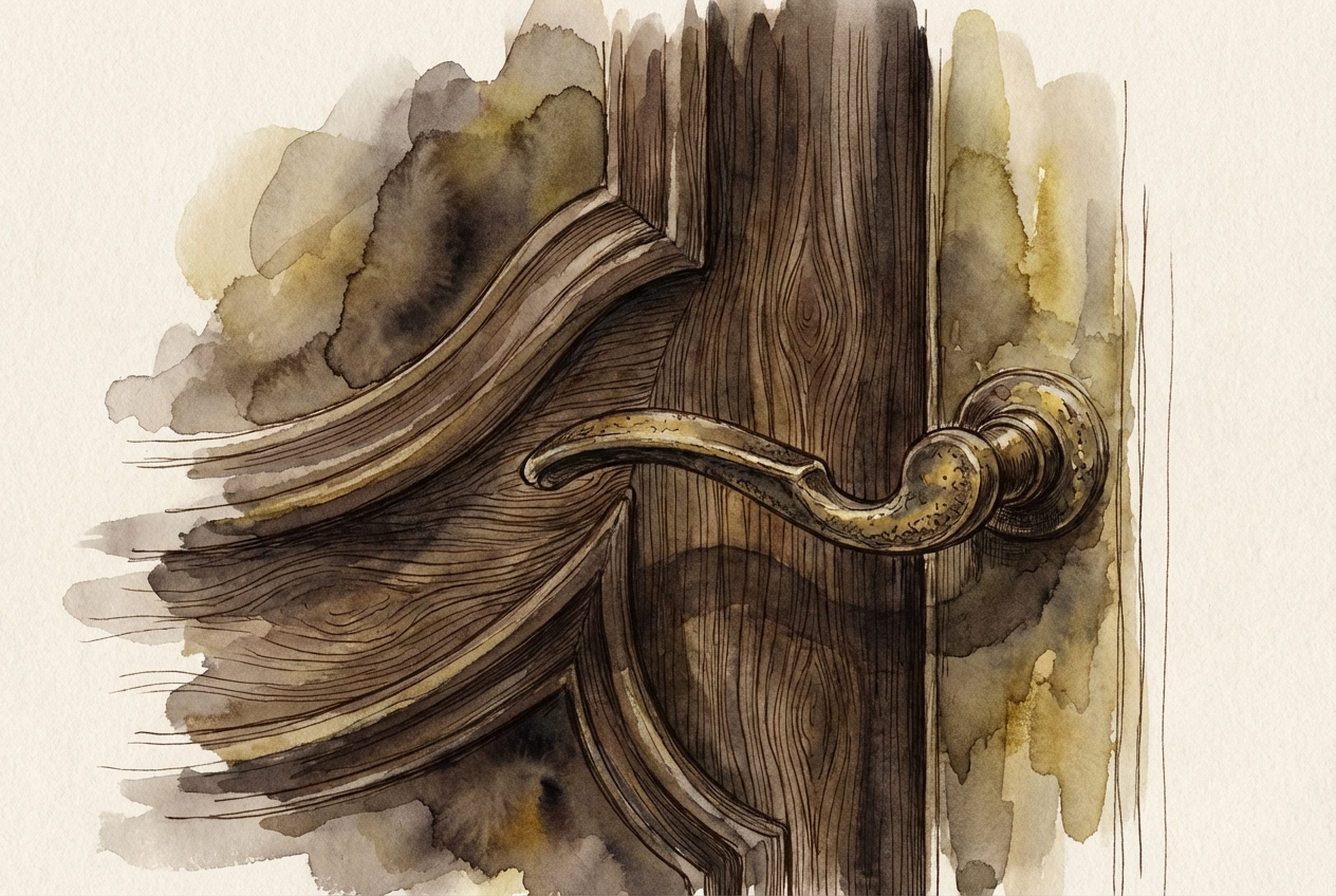 Watercolor close-up of a brass door handle on carved dark wood.