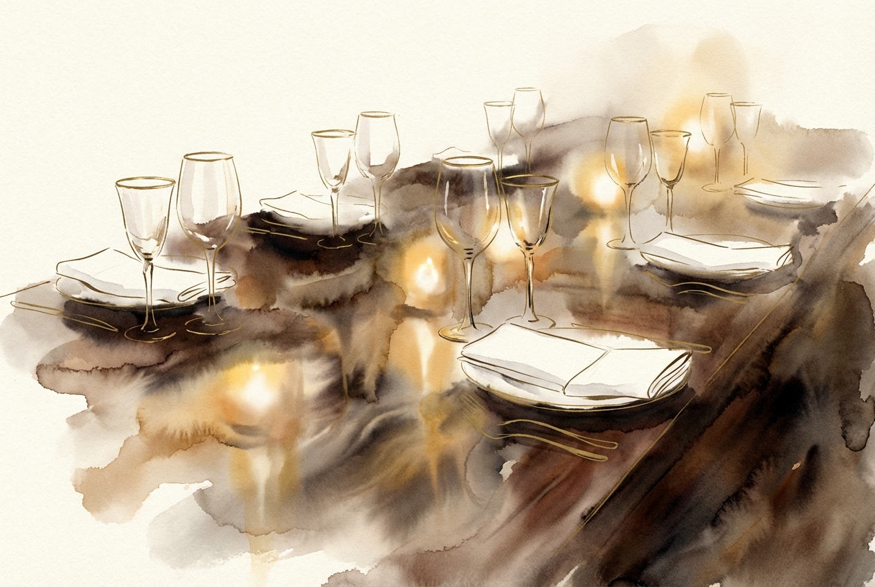 Watercolor of candlelight on crystal and linen, an empty table waiting.