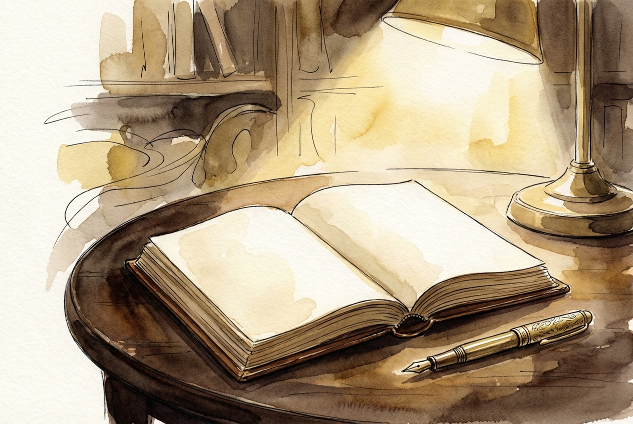 Watercolor of an open leather-bound book, a pen, and lamplight on dark wood.