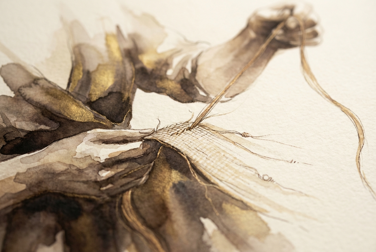 Watercolor close-up of silk thread drawn through fine fabric.